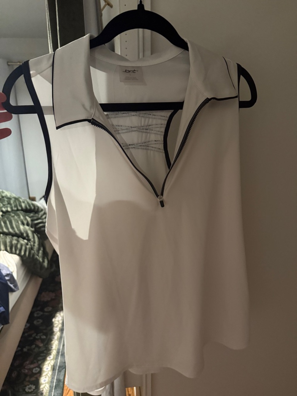 Jofit White Sleeveless Zip Polo Tank with Black Trim